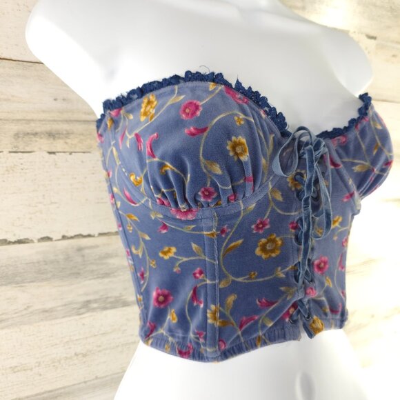 VINTAGE Y2K VICTORIA'S SECRET COUNTRY 36B FLORAL BLUE VELVET BUSTIER CORSET TOP. - Picture 5 of 16